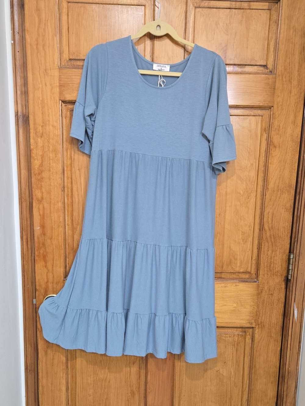Zenana Outfitters Dusty Blue Scoop Neck Tiered Dress